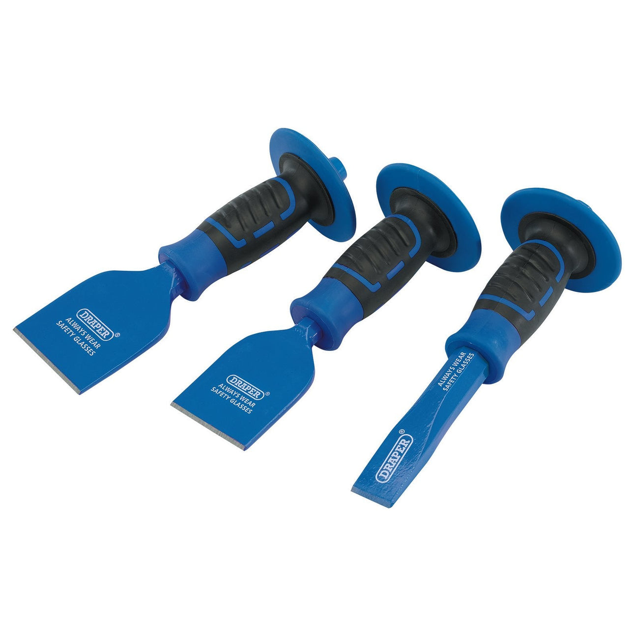 The Draper Bolster And Chisel Set (3 Piece) - CBS/3 features three blue hand chisels, each with black grips and protective blue guards, arranged side by side. This set includes a cold chisel and various blade widths.