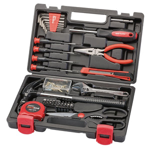 A Draper Redline Diy Essential Tool Kit (41 Piece) - RL-TK41 storage case in black and red, complete with various hand tools such as screwdrivers, pliers, Allen keys, a tape measure, a utility knife, a wrench, and a set of screws.