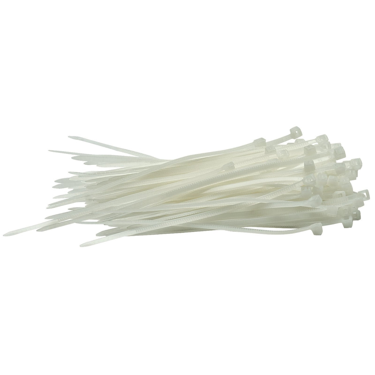 A pack of Draper Cable Ties, 2.5 X 100mm in white, meticulously arranged horizontally against a plain white background, highlighting their versatile applications.