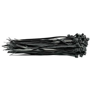 A pack of Draper Cable Ties (3.6 X 150mm, Black) containing 100 ties is neatly arranged with their locking heads aligned on one end, making them ideal for a variety of applications.