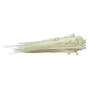 A pack of Draper Cable Ties, 3.6 x 150mm, in white, made from robust nylon and arranged in a horizontal pile.