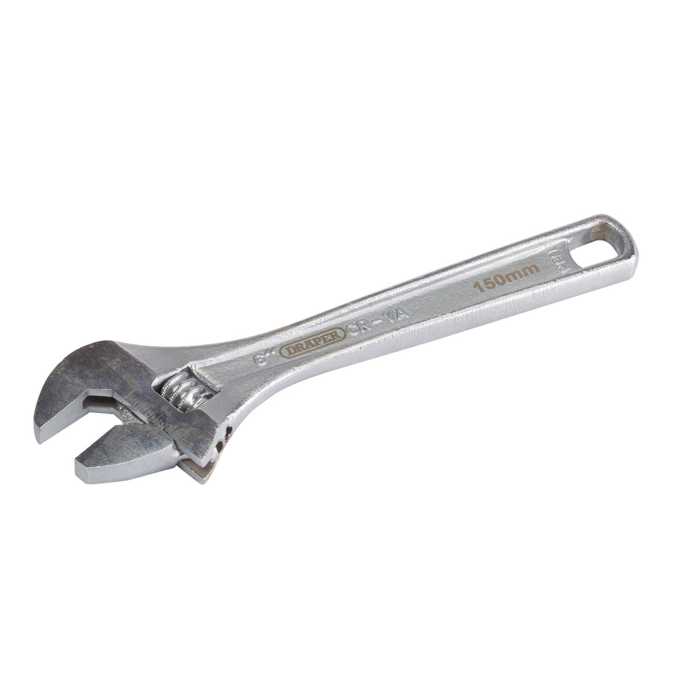 The Draper Adjustable Wrench, 150mm, 22mm - 371CP is a silver tool crafted from chrome vanadium steel. It features a hole in the handle and laser-etched markings that display sizes in both inches and millimeters.