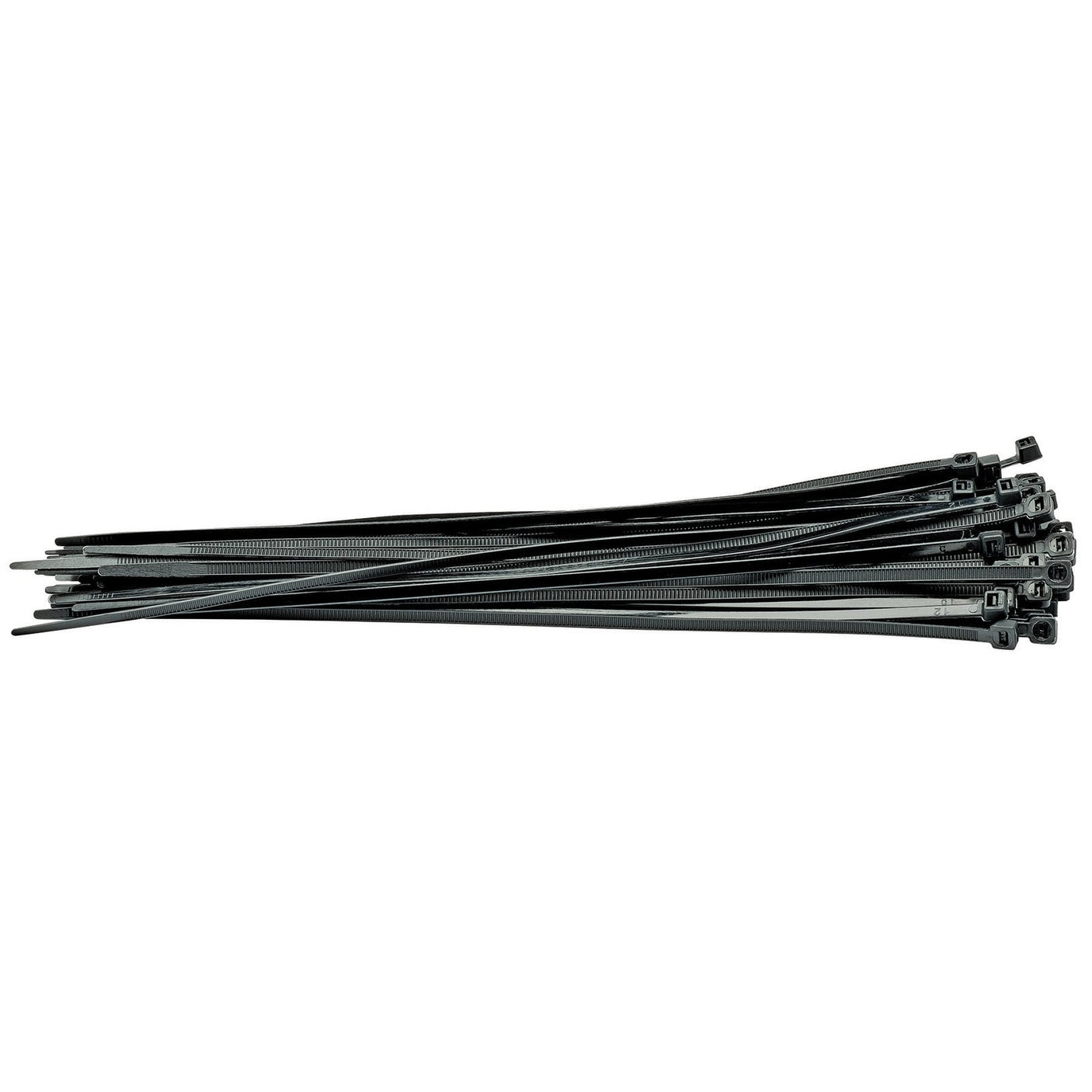 A bundle of Draper Cable Ties (4.8 X 300mm, Black), made from durable nylon, is arranged in a slightly fanned-out manner against a white background.