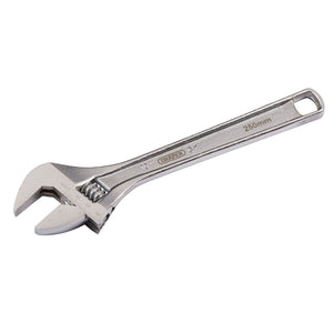 The Draper Adjustable Wrench, 250mm, 31mm - 371CP is crafted from durable chrome vanadium steel, featuring precise laser-etched markings and a hole at the handle's end.