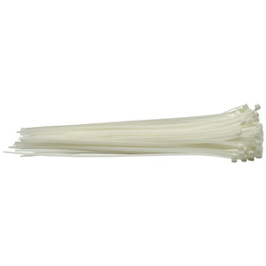 A meticulously arranged bundle of Draper Cable Ties, 4.8 X 300mm, White (Pack Of 100) - CT4W, against a white background—perfect for a variety of applications.