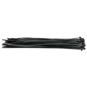 The Draper Cable Ties, 4.8 X 400mm, Black (Pack Of 100) - CT5B are laid out flat in a slightly fanned arrangement, showcasing their versatility for multiple applications.