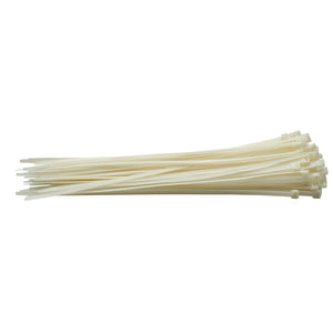 A pack of 100 sturdy Draper Cable Ties, 7.6 x 400mm in white, is neatly stacked against a pristine backdrop, suitable for various applications.