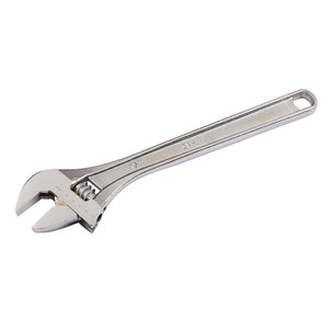 The Draper Adjustable Wrench, 375mm, 46.5mm - 371CP is a silver tool featuring laser-etched markings and a hole at the handle end, ideal for gripping and turning nuts and bolts of various sizes.