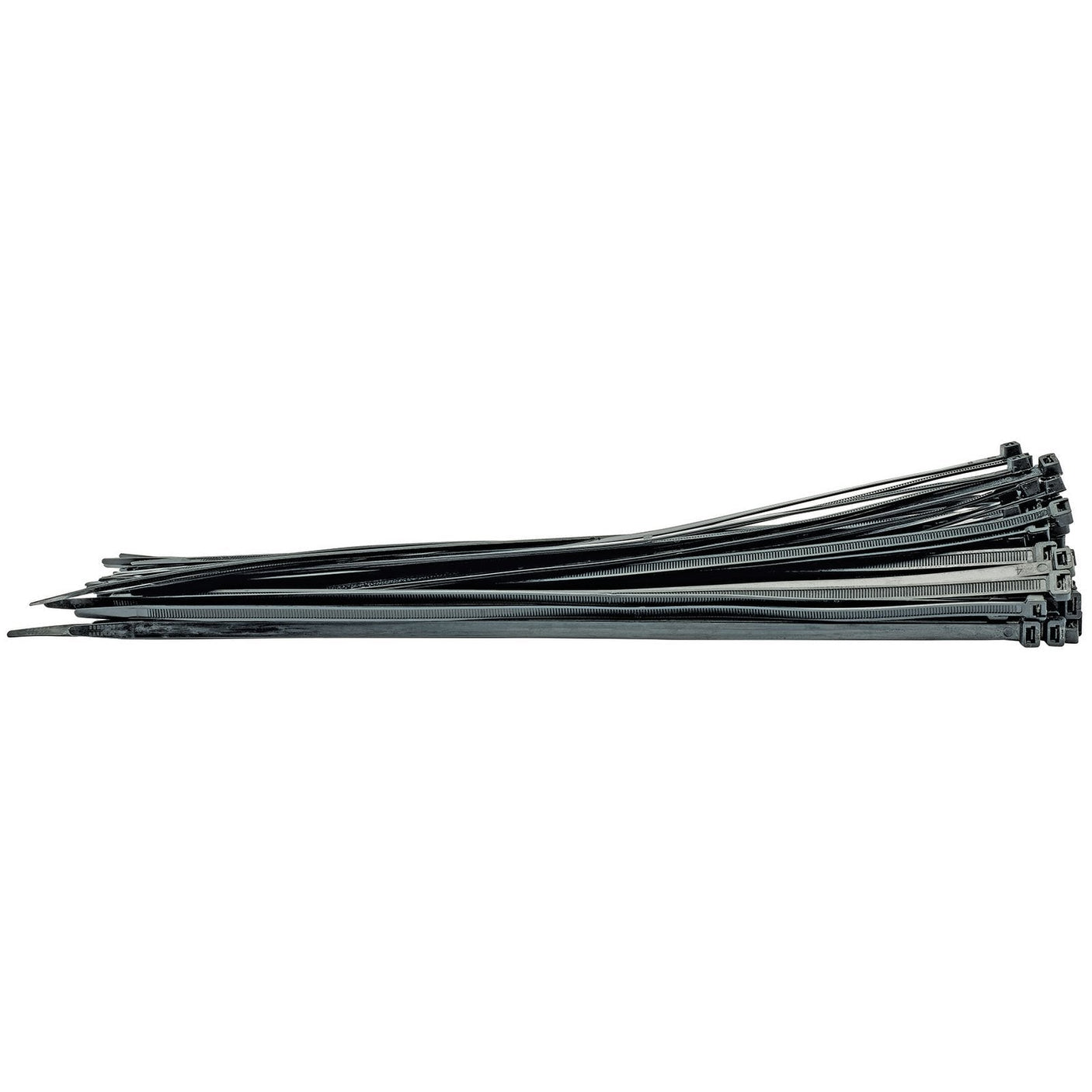 A pack of 100 Draper Cable Ties, each measuring 8.8 x 500mm and featuring a ridged body with a locking mechanism at one end, available in black and suitable for multiple applications.