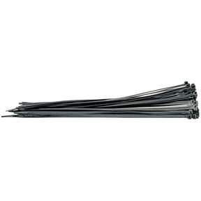 A pack of 100 Draper Cable Ties, each measuring 8.8 x 500mm and featuring a ridged body with a locking mechanism at one end, available in black and suitable for multiple applications.