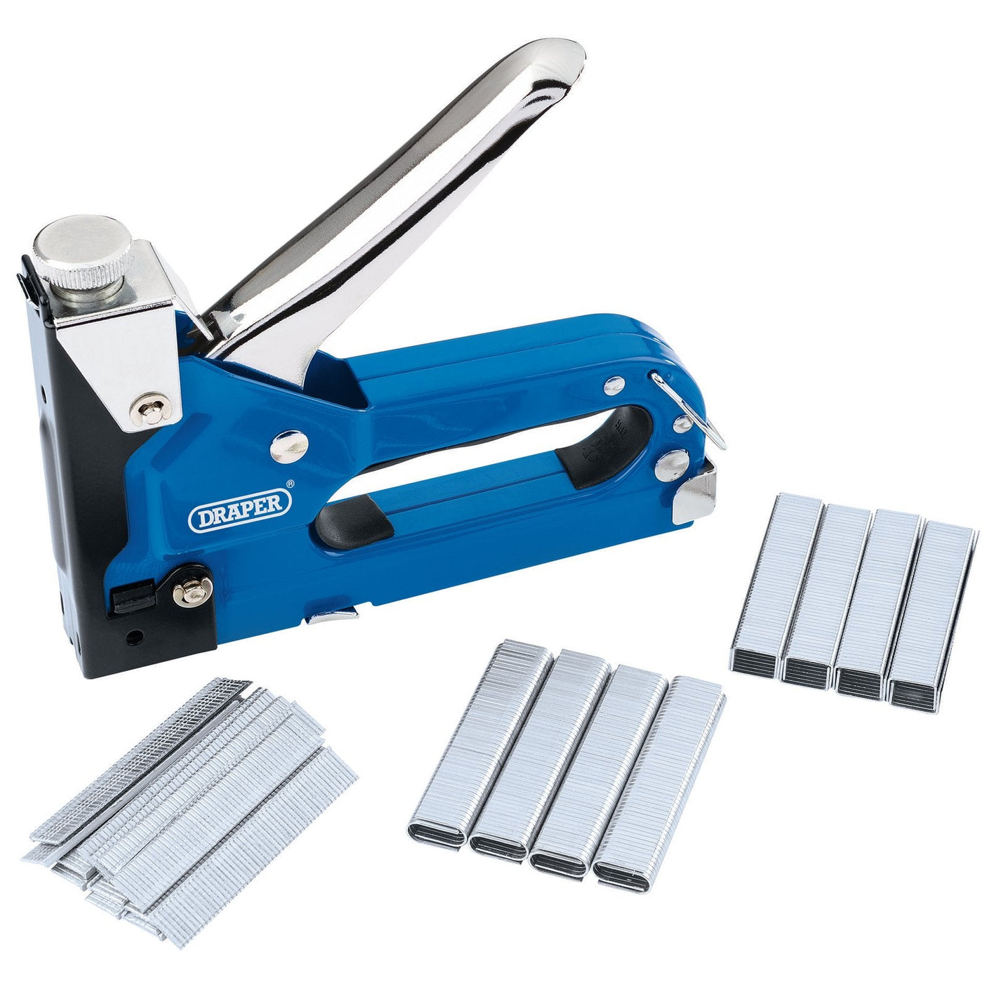 A blue Draper Staple Gun/Tacker Kit - ST6/B with a PVC soft grip handle and an all-steel body, surrounded by several stacks of staples. The brand name "Draper" is visible on the body of the staple gun.