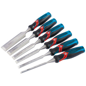 A set of six Draper Expert Soft Grip 'Pound Thru' Bevel Edge Wood Chisels, each 140mm in size, arranged in a row. Crafted from chrome vanadium steel, the chisels feature blue and black soft grip handles with the blades facing left.