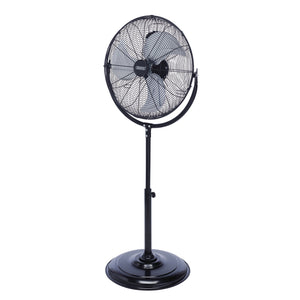 The Draper 230V Pedestal Fan, model HV18F, features an 18"/450mm high-velocity fan within a large circular grille and an adjustable height stand. For stability, it includes a wide, round base and is powered by a robust 120W copper motor.