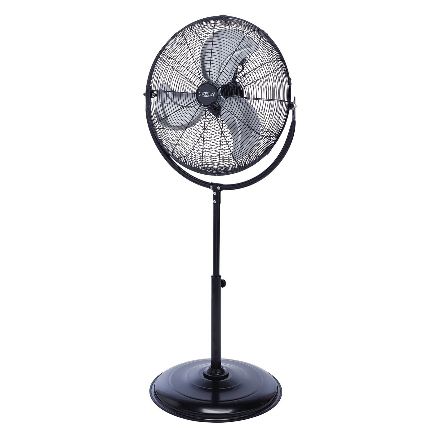 The Draper 230V Pedestal Fan, model HV20F, features a robust 120W copper motor for efficient performance. With a sleek black design, this high-velocity pedestal fan boasts a circular mesh guard and an adjustable height feature, ideal for floor placement and cooling. The fan has a 20"/500mm diameter to ensure powerful airflow.