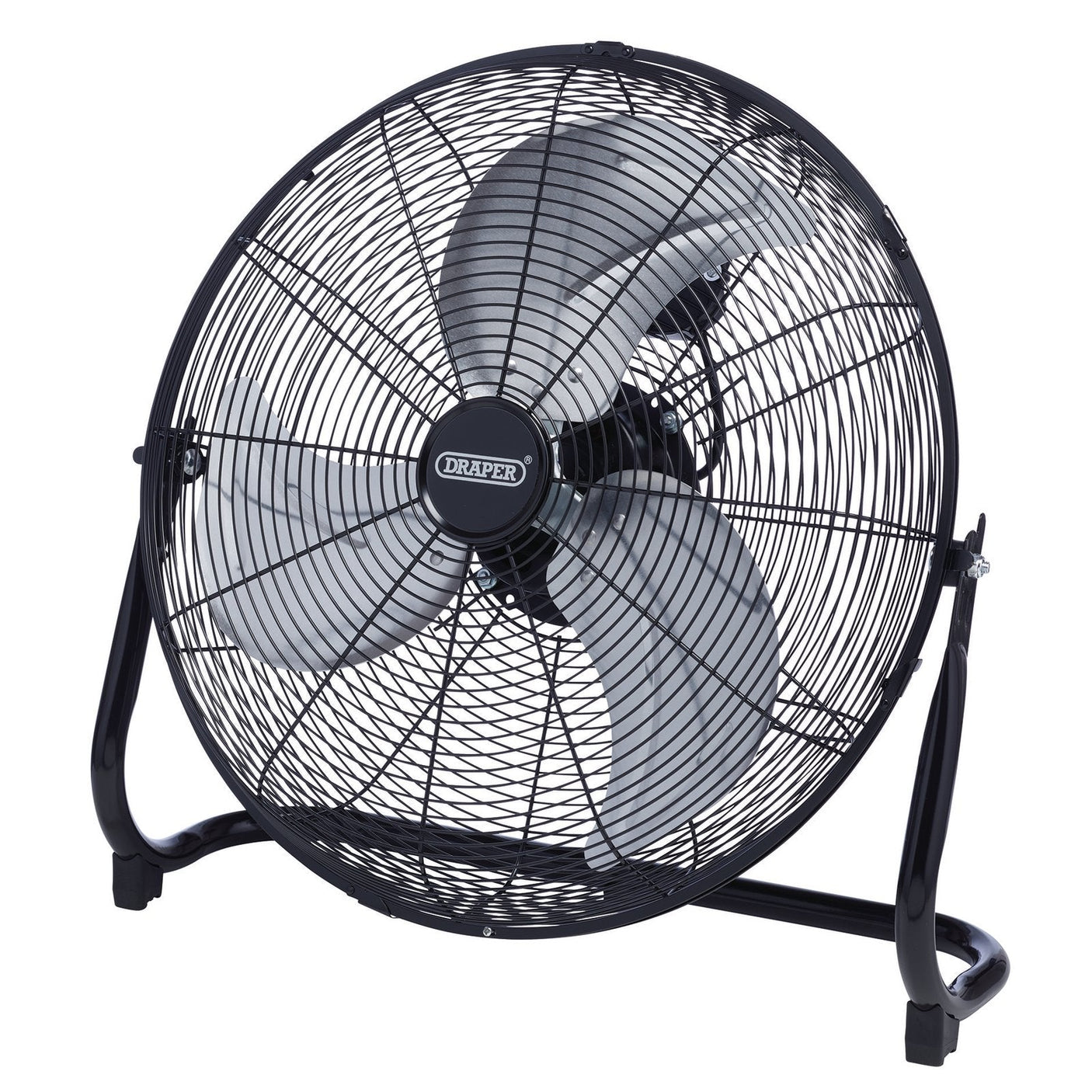 The Draper 230V Floor Fan, model HV18FF, boasts a potent 120W copper motor and three-speed control for effective cooling. This high-velocity fan features a sleek black metal circular frame, housing three silver blades, and measures 18 inches (450mm) in diameter. The iconic "Draper" branding is prominently displayed on the front.