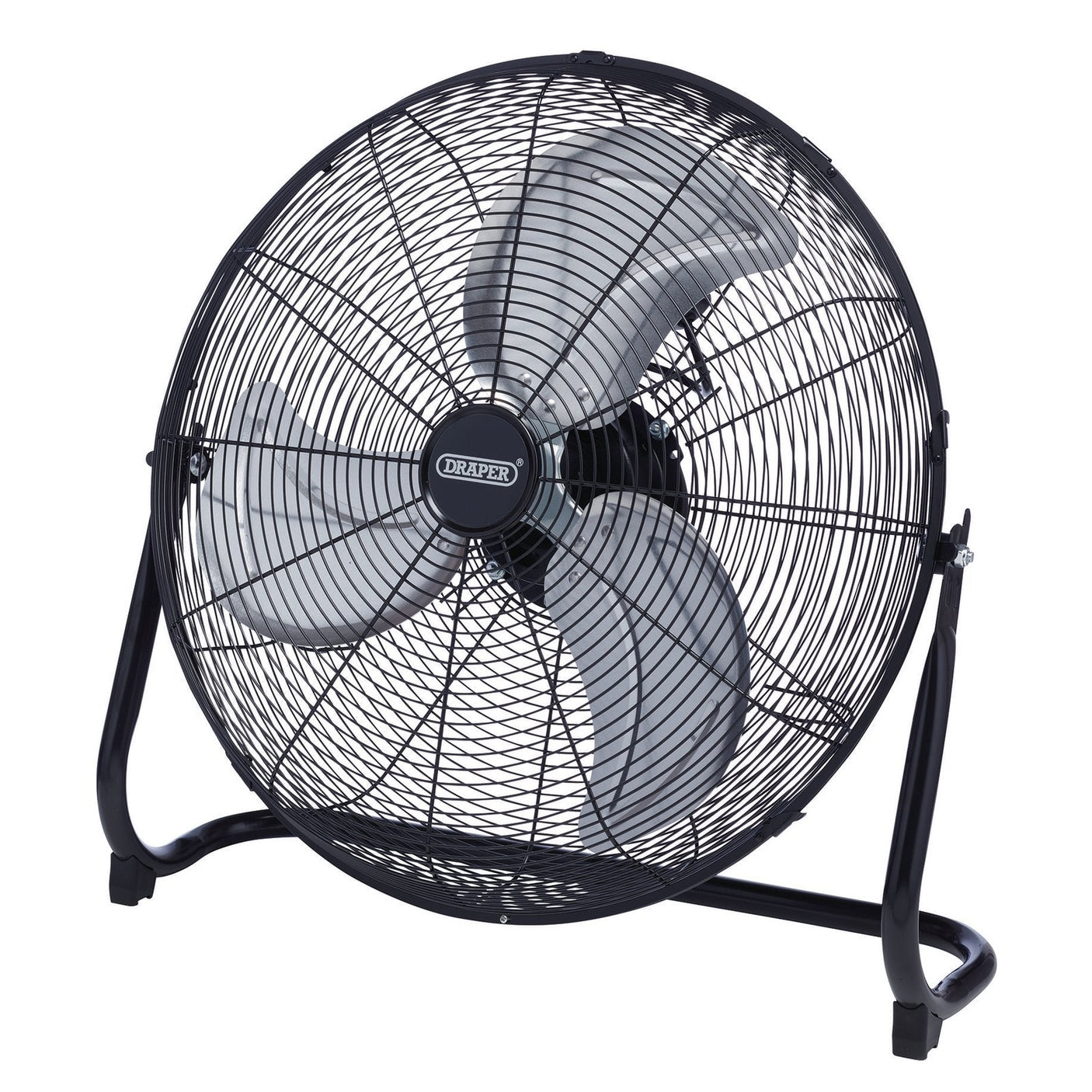 The Draper 230V Floor Fan, 20"/500mm, 120W - HV20FF, from Draper, is a black high-velocity floor fan featuring three silver blades and a circular protective grill. It stands on two curved legs and is powered by a robust copper motor with three-speed control options.