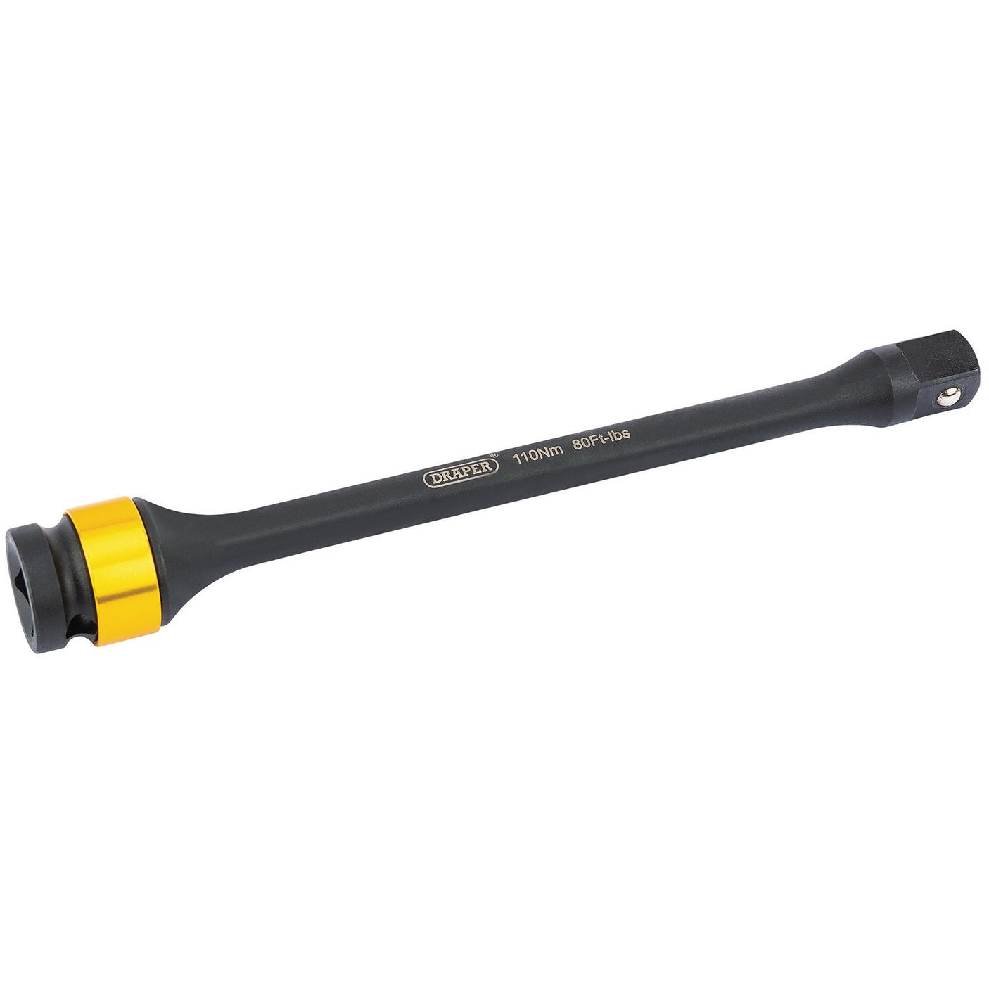 A Draper Torque Stick, 1/2" Sq. Dr., 110Nm - TS110, in black with a yellow ring and etched branding and specifications on the shaft, perfectly compatible with impact wrenches.