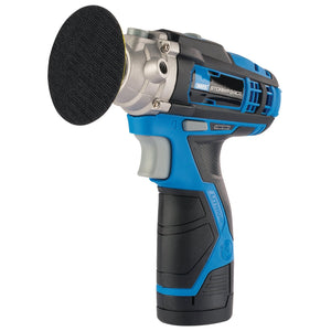 Introducing the Draper Storm Force® 10.8V Power Interchange Mini Polisher Kit - CPO108SF/K: a blue and black handheld cordless power tool with a textured pad, perfect for polishing or sanding surfaces. Part of the renowned Draper brand, this advanced device utilizes Power Interchange technology for seamless performance.