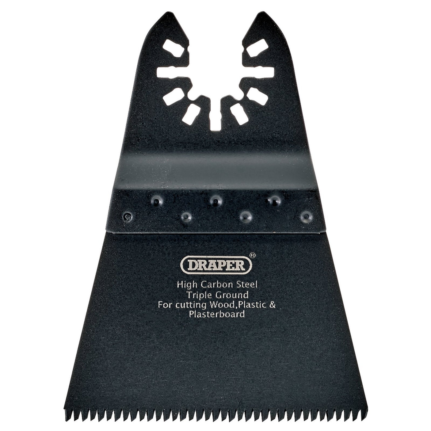 Close-up of a Draper Oscillating Multi-Tool Plunge Cutting Blade, 68 x 90mm, 14Tpi high carbon steel, marked "Triple Ground" and labeled for cutting wood, plastic, and plasterboard. Ideal for different tasks, this blade fits Universal oscillating multi-tool accessories seamlessly.