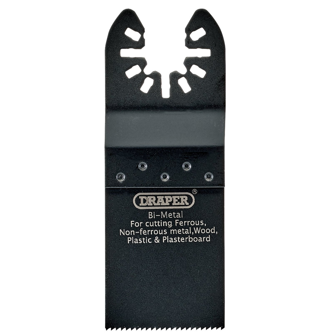 The Draper Oscillating Multi-Tool Plunge Cutting Blade (34 x 90mm, 18Tpi Bi-Metal - APT507) is perfect for cutting ferrous and non-ferrous metals, wood, plastic, and plasterboard—making it an ideal universal accessory for various tasks with oscillating multi-tools.