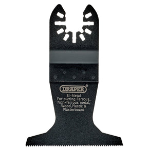 The Draper Oscillating Multi-Tool Plunge Cutting Blade, 65mm - APT509, part of Draper's universal oscillating multi-tool accessories, is ideal for cutting ferrous and non-ferrous metal, wood, plastic, and plasterboard against a white background. This versatile blade is perfect for a variety of tasks.