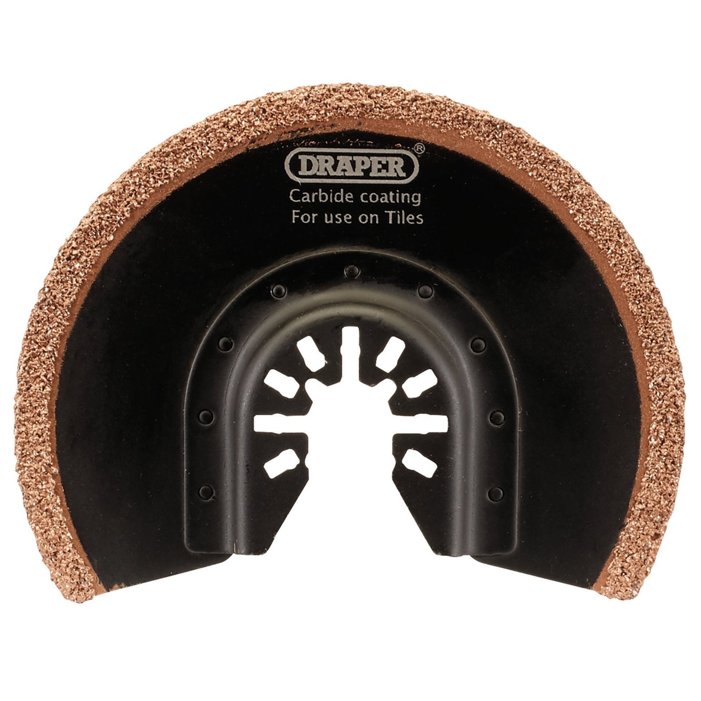 The Draper Oscillating Multi-Tools Carbide Coated Cutting Blade, 88mm - APT511, by Draper, is specifically designed for use on tiles and is compatible with universal oscillating multi-tool accessories for various tasks.