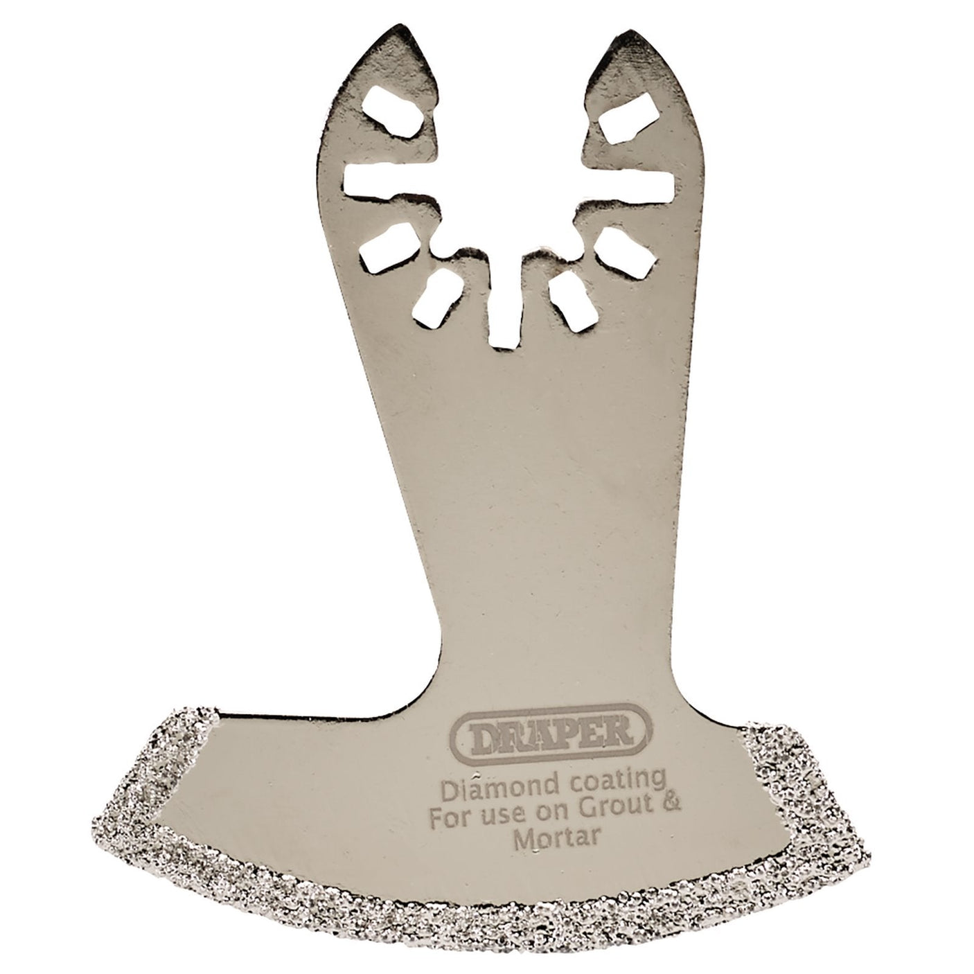 The Draper Oscillating Multi-Tool Diamond Coated Cutting Blade, 52mm - APT513, boasts a diamond coating and is perfect for use on grout and mortar. Featuring a flat, curved cutting edge, this high-quality blade is a versatile addition to the universal oscillating multi-tool accessories range, making it ideal for various tasks across different oscillating multi-tools.