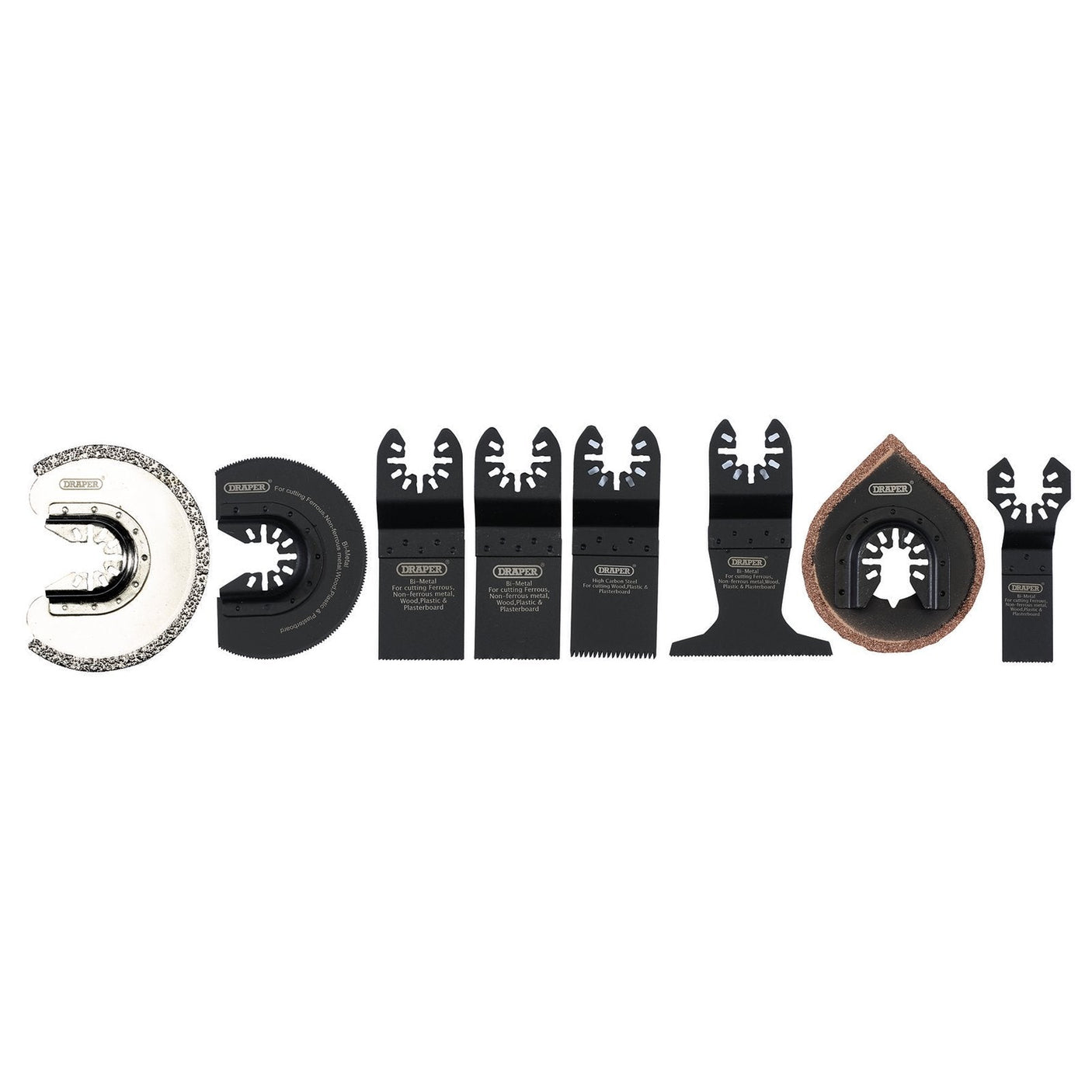 Displayed on a white background is the Draper Oscillating Multi-Tool Blade Set Including Ceramics (8 Piece) - APT517, featuring a versatile plunge cutting blade among various other shapes and sizes, all with universal fitting.