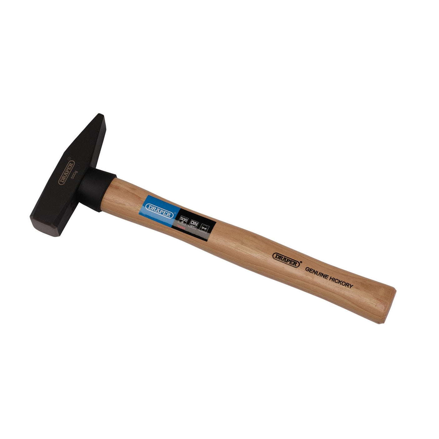 A hammer with a hickory handle and a black carbon steel head, labeled "Genuine Hickory" on the handle and featuring the Draper brand information: Draper Engineers Hammer With Hickory Shaft, 500G/18Oz - LH500D.