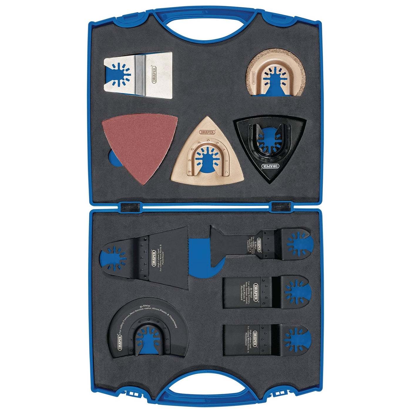 The Draper Multi-Tool Blade Set (20 Piece) - APT520 by Draper features a sturdy hard plastic carrying case that securely holds a variety of oscillating multi-tool blades and attachments, such as sanding sheets, blade tools, and a semi-circle saw blade with universal fitting, all meticulously organized in foam cutouts.