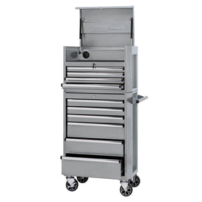 The Draper Expert Combined Roller Cabinet And Tool Chest, 10 Drawer, 26" - DTKTC4C/RC6C/G is a tall, gray metallic storage unit equipped with multiple drawers and braked castors. The top section is open, revealing an ample upper storage area.