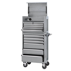 The Draper Expert Combined Roller Cabinet And Tool Chest, 10 Drawer, 26" - DTKTC4C/RC6C/G is a tall, gray metallic storage unit equipped with multiple drawers and braked castors. The top section is open, revealing an ample upper storage area.