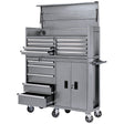 A large, metallic silver Draper Expert Combination Roller Cabinet and Tool Chest (Model DTKTC8C/RC5C), featuring 13 drawers and cabinets across its 52" frame. This mobile unit is mounted on wheels, with some drawers and the top lid open.