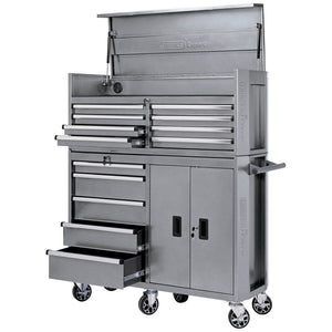 A large, metallic silver Draper Expert Combination Roller Cabinet and Tool Chest (Model DTKTC8C/RC5C), featuring 13 drawers and cabinets across its 52" frame. This mobile unit is mounted on wheels, with some drawers and the top lid open.