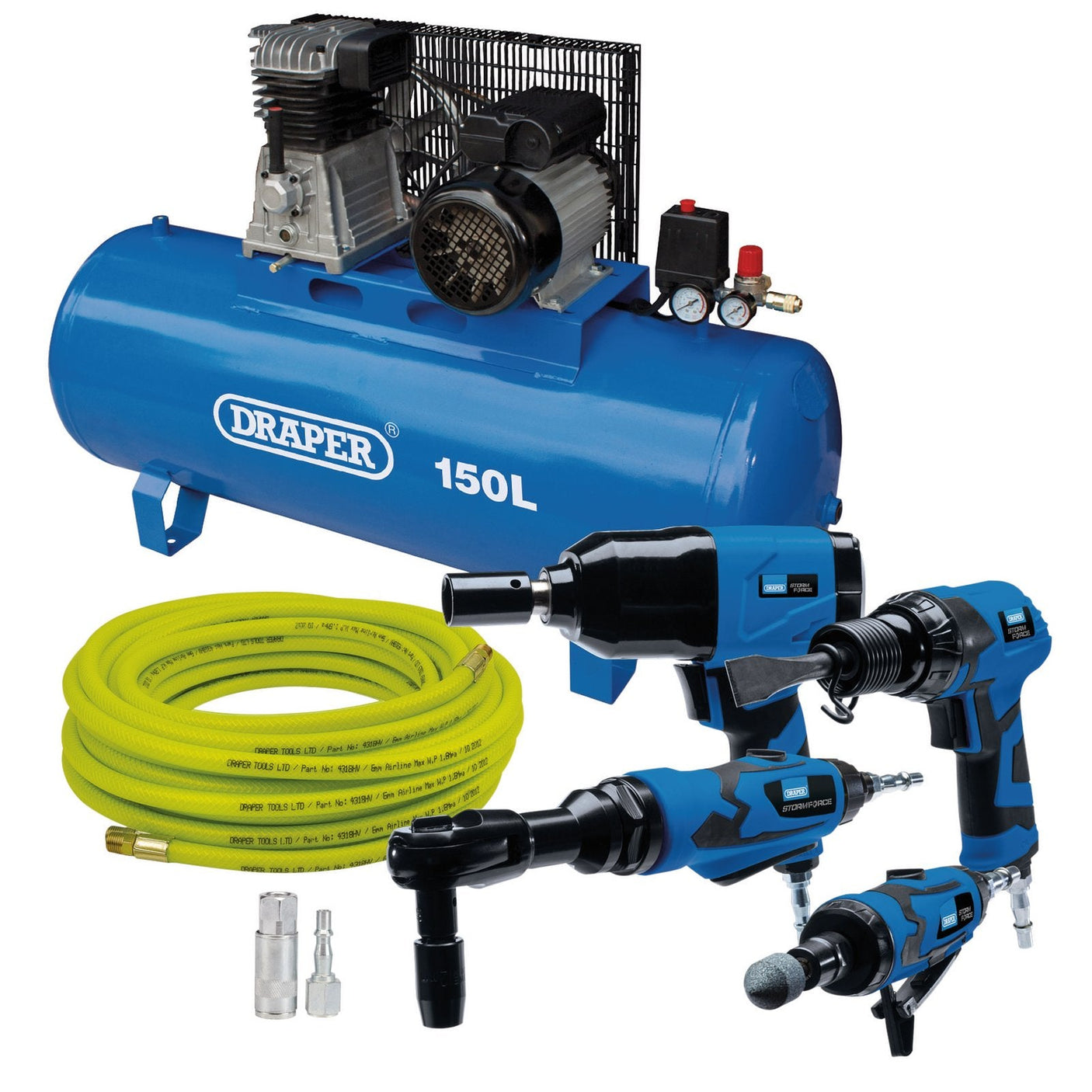 Image of the Draper Compressor & Air Tool Kit, 150L - PTKATL150L by Draper, complete with blue and black power tools including a drill, an impact wrench, an air ratchet wrench, a hose with quick-release action coupler, and connectors.