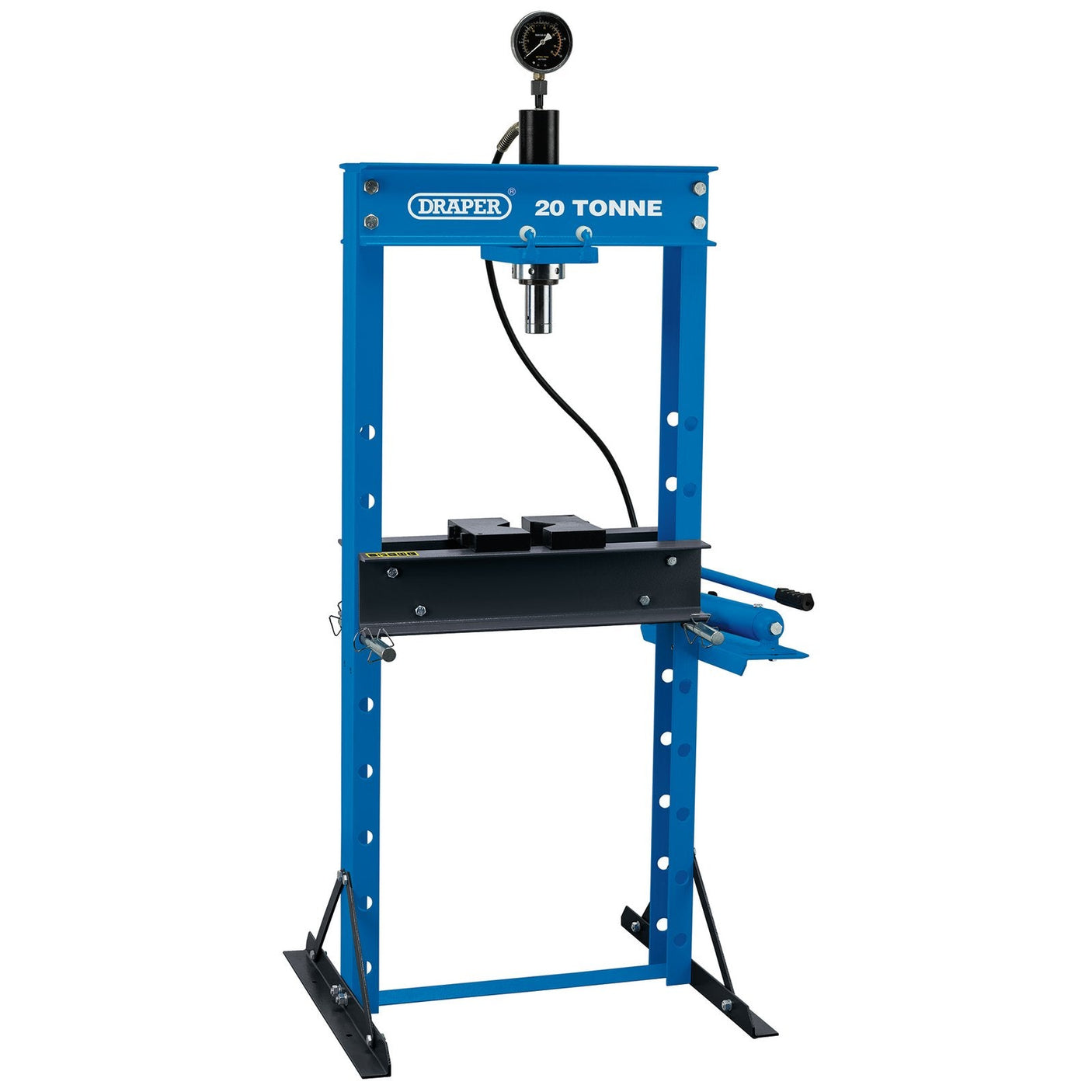 A Draper Floor Press, 20 Tonne - HFP/20D from Draper, features a hydraulic system with a pressure gauge, painted in blue. It boasts a sturdy frame and handles on both sides for ease of use. Additionally, the floor press offers adjustable table heights for versatile applications.