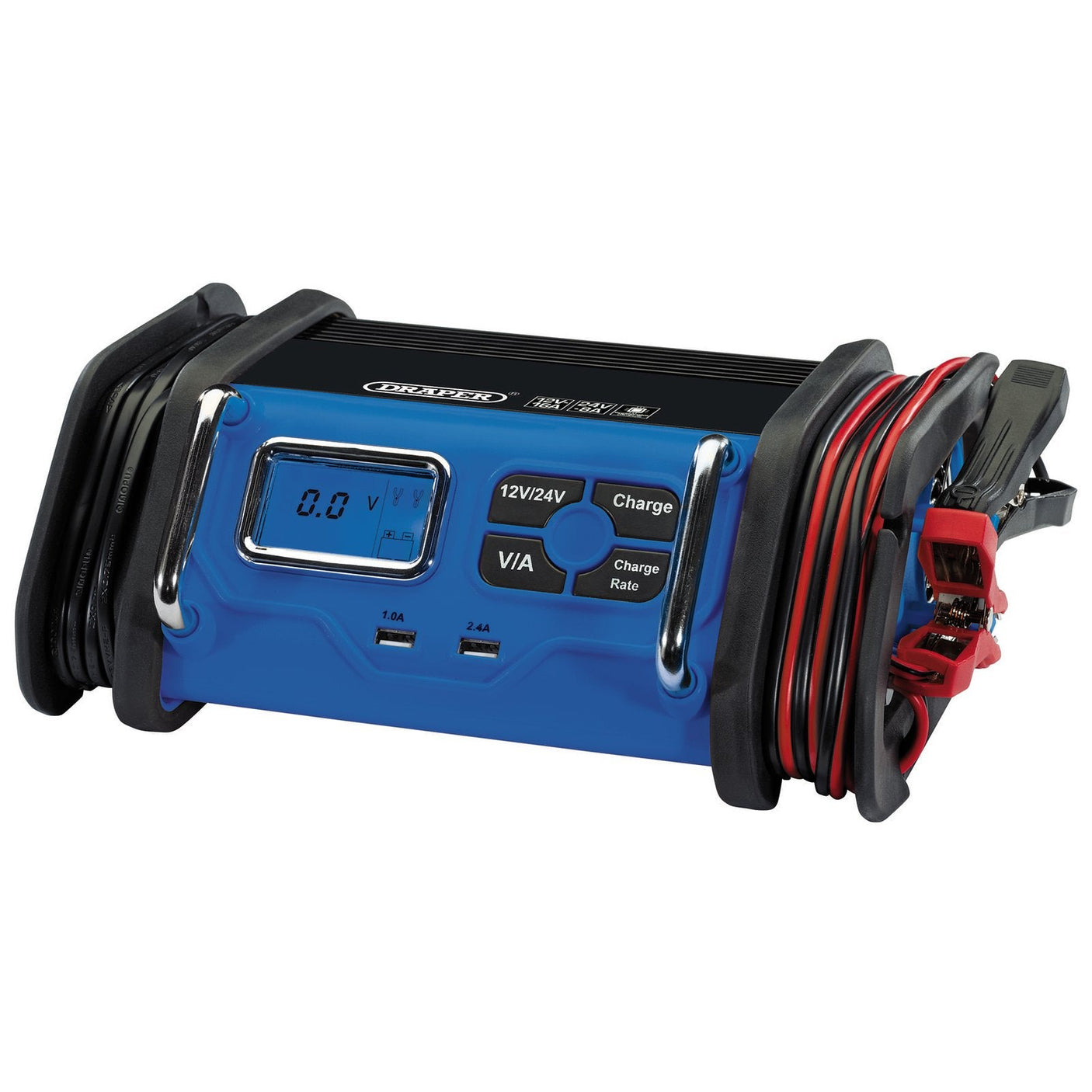 The Draper 12/24V Battery Charger, 8 - 16A - BCMC18, is a blue device equipped with black handles and red and black attached cables. This microprocessor-controlled charger features an LCD screen, buttons labeled "12V/24V" and "Charge," as well as USB and circular ports at the front.