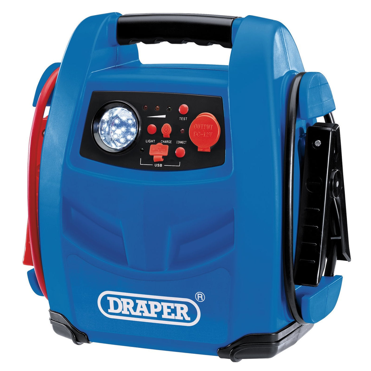 A Draper 12V Jump Starter, 800A - JS800 portable power pack in blue and black, equipped with a handle, LED light, control panel featuring red buttons, a USB port, and a 12V jump starter.