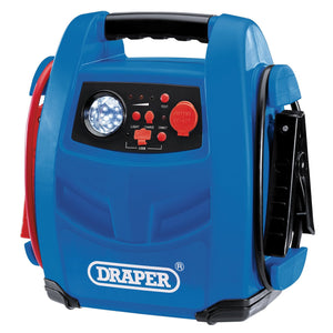 A Draper 12V Jump Starter, 800A - JS800 portable power pack in blue and black, equipped with a handle, LED light, control panel featuring red buttons, a USB port, and a 12V jump starter.