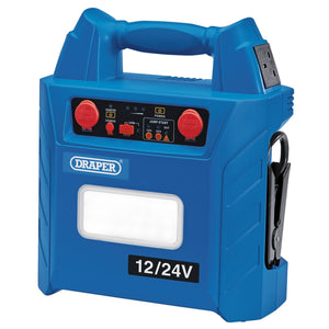 Draper 12/24V Jump Starter, 3000A - JS3000 is a portable blue device featuring a built-in lamp, USB ports, and LED battery charge indicators, with "Draper" and "12/24V" labeled on the front.