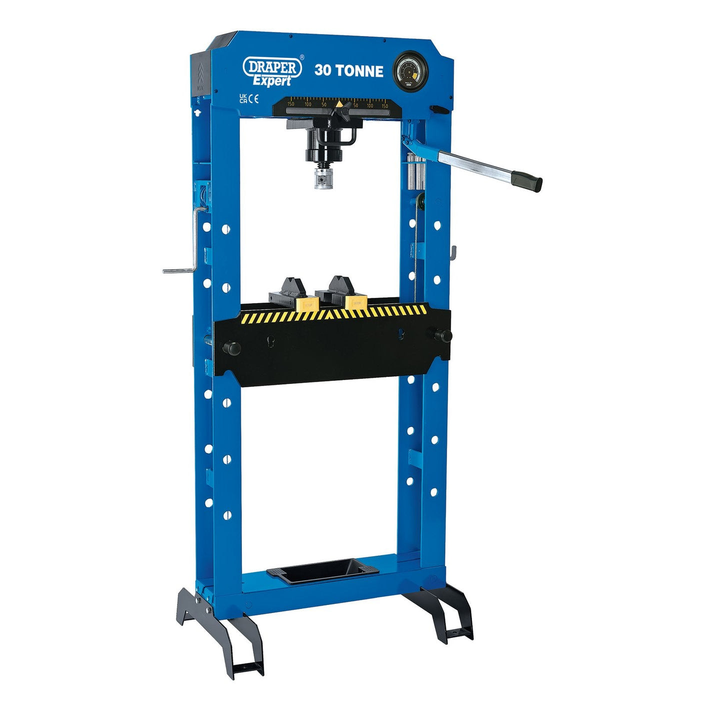 The "Draper Expert Hydraulic Floor Press, 30 Tonne - HFP/30" by Draper features a blue exterior, a manual lever on the side, a black pressure plate in the press area, and adjustable table heights.