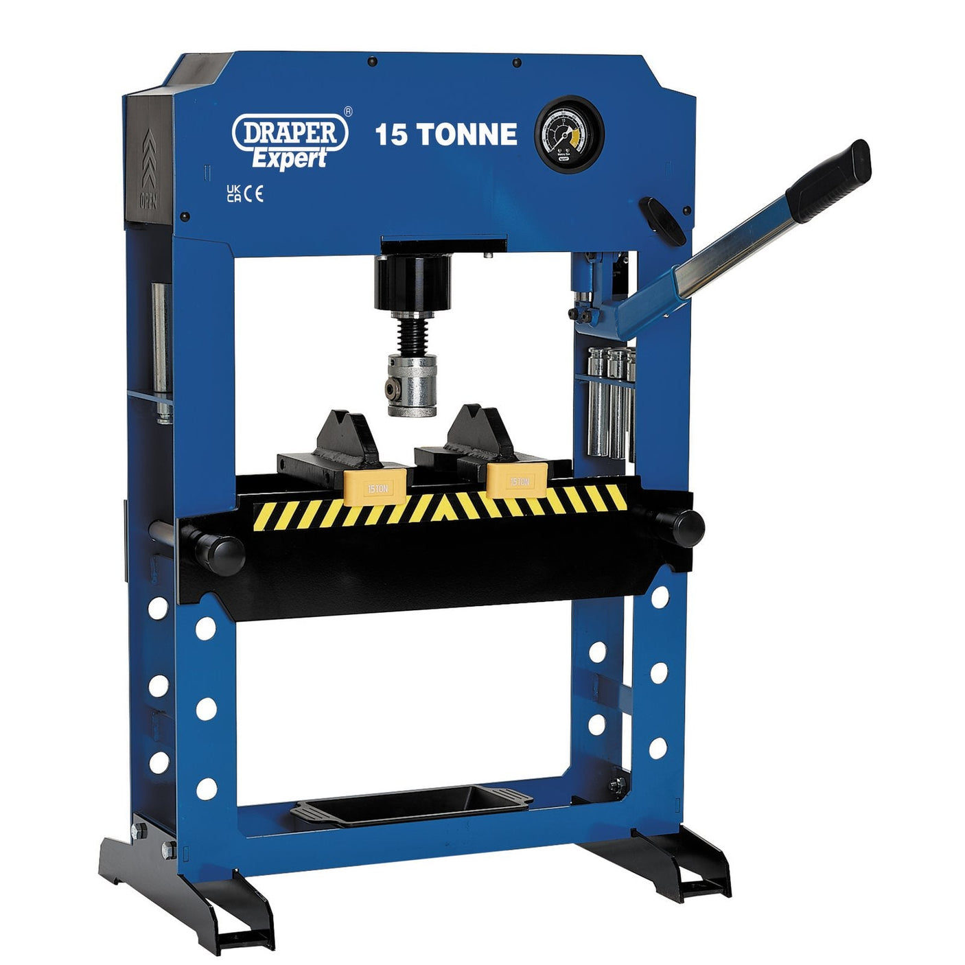 A Draper Expert Hydraulic Bench Press, 15 Tonne - HBP/15 in blue, featuring a lever, pressure gauge, and safety guard.