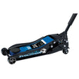 The Draper Evolution Trolley Jack, 3 Tonne - TJ3-EVO, features a blue and black design with a long handle and wheels. It includes the Quick Lift facility for effortless use and is equipped with a magnetic filtration system for enhanced durability.