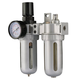 Image of the Draper 1/4" BSP Combined Filter/Regulator/Lubricator Unit - DFRL with a pressure gauge designed for moisture elimination. The silver Draper units feature transparent sections to monitor fluid levels, ensuring optimal air pressure control.