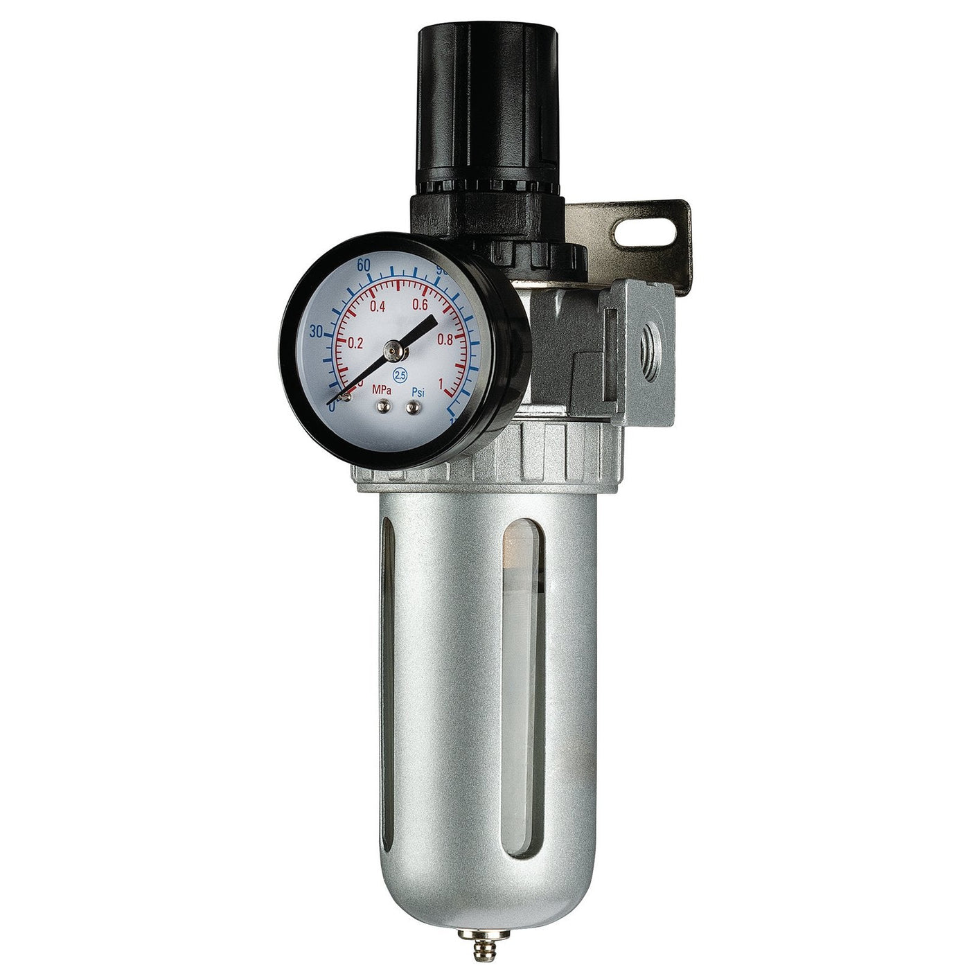 Image of the Draper 1/4" Bsp Filter/Regulator Unit - DFR, featuring an attached pressure gauge and a 40-micron filter for controlling air pressure in pneumatic systems. The gauge displays readings in both MPa and psi, and the robust aluminum body from Draper ensures durability.