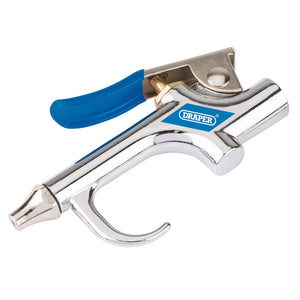 A silver Draper Air Blow Gun With 2 Nozzles - DAT-ABG, features a blue handle, air flow control, trigger lock mechanism, and is branded with a blue "Draper" logo.