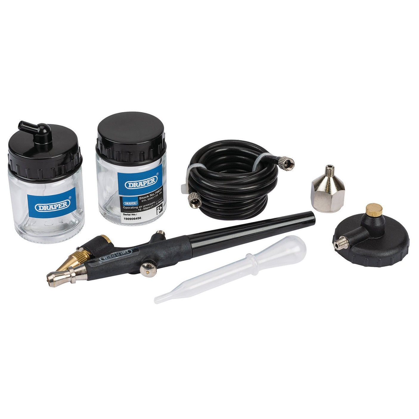 The Draper Air Brush Kit (7 Piece) - DAT-ABK6 features a complete set of equipment, including two labeled jars, an airbrush, a coiled hose, two nozzles, and a dropper with an adjustable spray pattern.