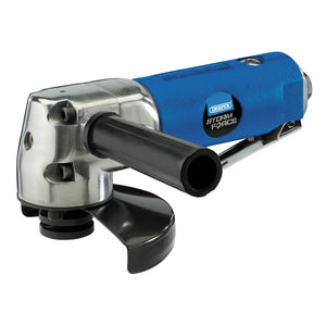 Close-up of the Draper Storm Force® Air Angle Grinder, 100mm - SFAAAG. This air angle grinder from Draper features a blue and silver finish, complete with a black side handle and a protective guard around the cutting blade. Its ergonomic soft grip handle ensures comfort, while the lightweight chrome housing provides added durability without extra weight.