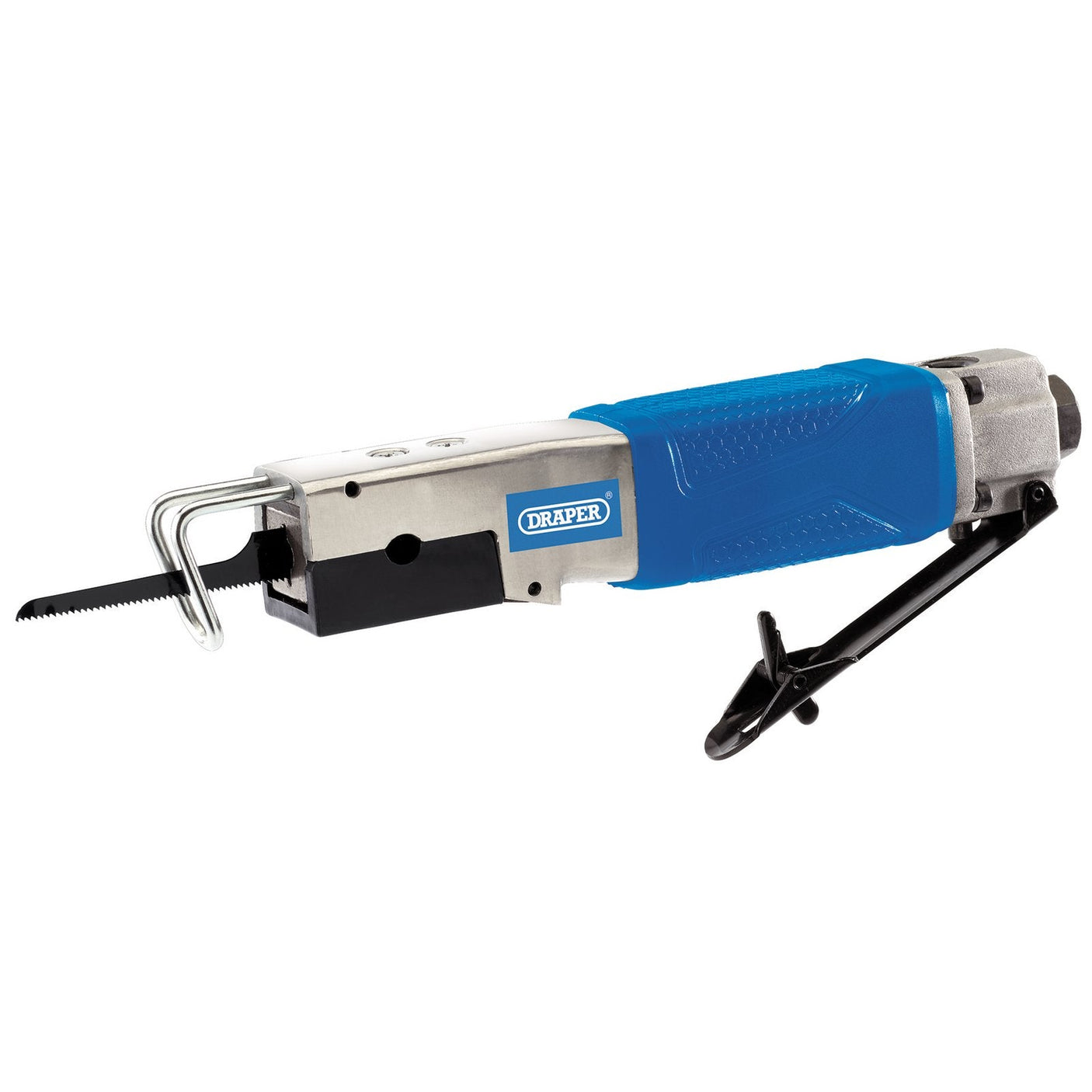 The Draper Air Body Saw - DAT-ABSSG is a versatile tool ideal for car body repairs, featuring a blue handle, metal body, and black saw blade. It provides an efficient reciprocating motion and includes a safety trigger for enhanced control.