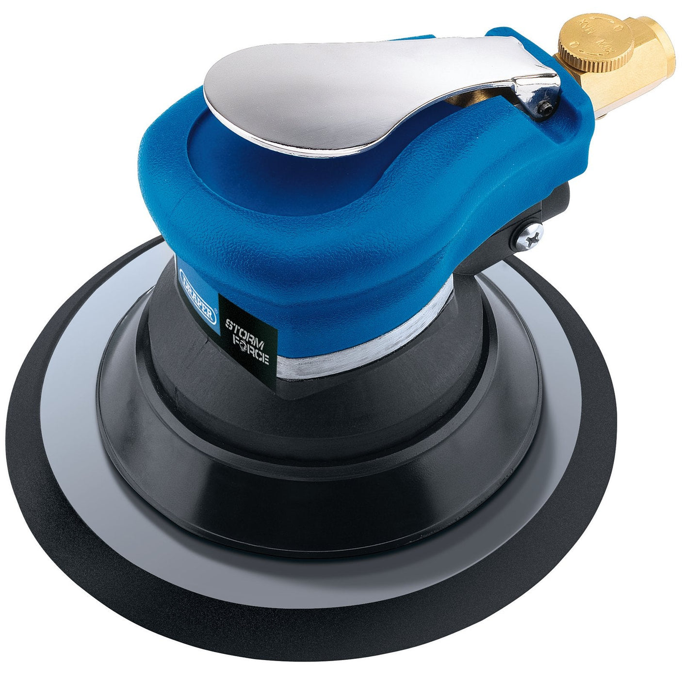 The Draper Storm Force® Dual Action Air Palm Sander, 150mm - SFAS150MM, in blue and black, comes with a metallic lever and an air hose connector. It also features an ergonomic soft grip handle for enhanced comfort.